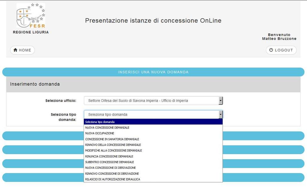 Pag.7/16 Se la concessione che si intende richiedere riguarda, ad esempio, un comune della provincia di Imperia, l ufficio da selezionare sarà il Settore Difesa del Suolo Savona Imperia Ufficio