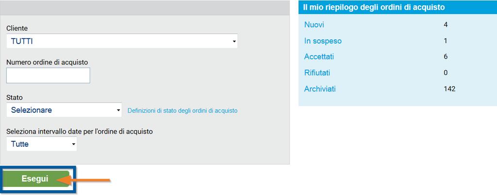 PASSAGGIO 5 Conversione Creazione di fatture/note di credito Fate clic sul pulsante Seleziona dell'ordine di acquisto nello stato Accettati su cui desiderate eseguire un'operazione.