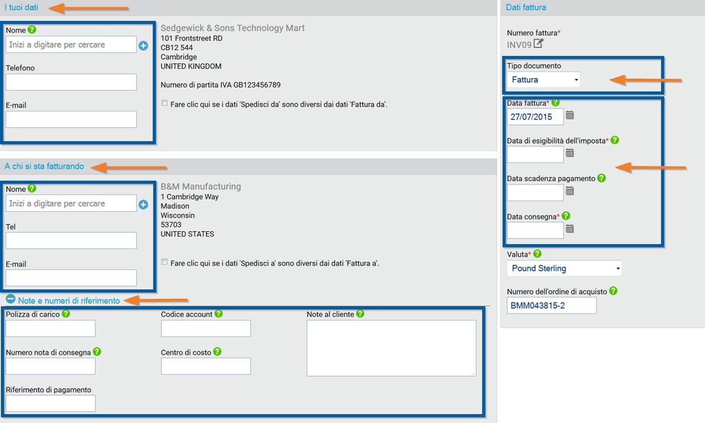 PASSAGGIO 8 Inserimento di dati a livello di intestazione I vostri dati/l'entità a cui desiderate inviare la fattura: Inserite i vostri dati di contatto/i dati di contatto del vostro cliente.