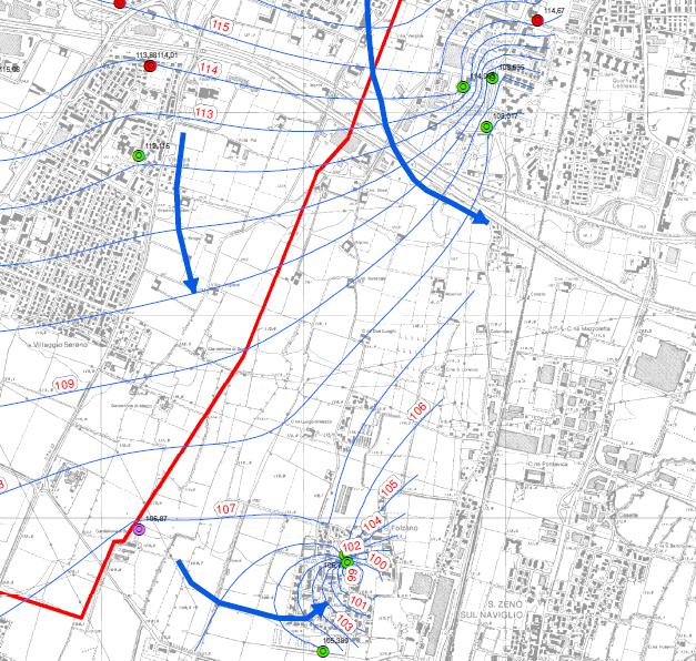 figura 2 Dettaglio dell andamento delle isopiezometriche nell area Caffaro nel settore sud orientale dell area in studio si evidenzia e si conferma la presenza di due coni di depressione
