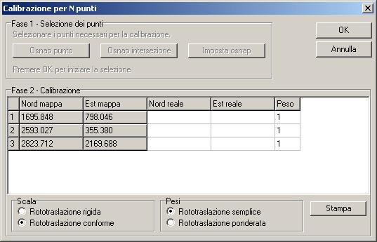 Selezioniamo quindi nella mappa i punti da utilizzare per la calibrazione. Tornerà quindi la finestra nella quale saranno state aggiunte le coordinate scanner dei punti selezionati. FIGURA 12.