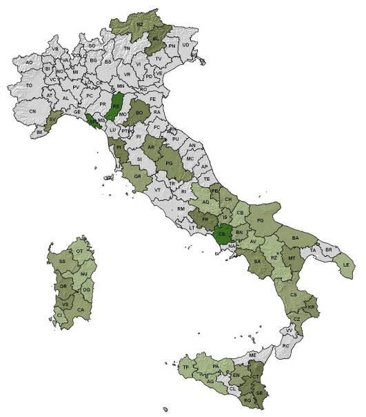 Nel cartogramma seguente è riportata la suddivisione dei valori provinciali per classi con valori dell anno 2008.