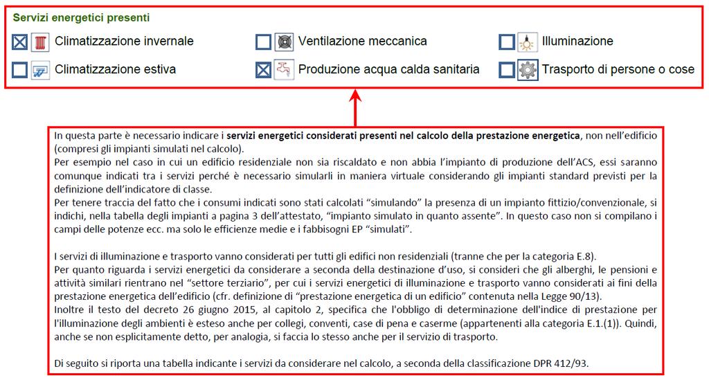 In questa parte sono indicati i servizi energetici presenti nel calcolo della prestazione energetica, non nell edificio (compresi gli impianti simulati nel calcolo).