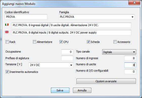 TEST2 Aggiungi Codice identificativo: PROVA Famiglia: PLC PROVA Descrizione IT: PLC PROVA.