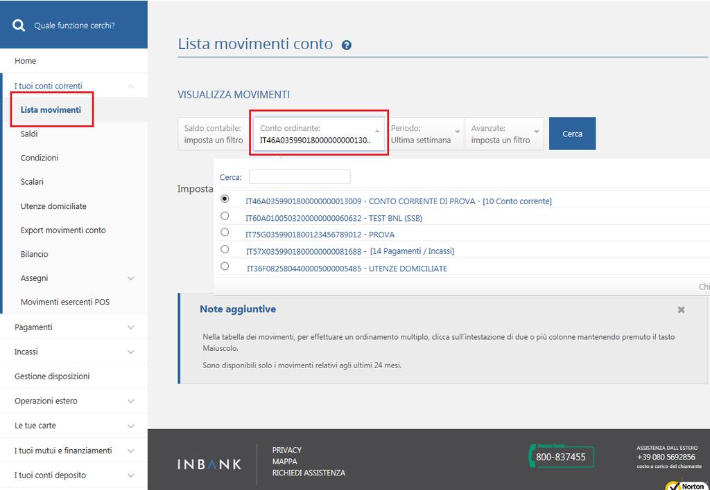 I tuoi conti correnti Lista movimenti