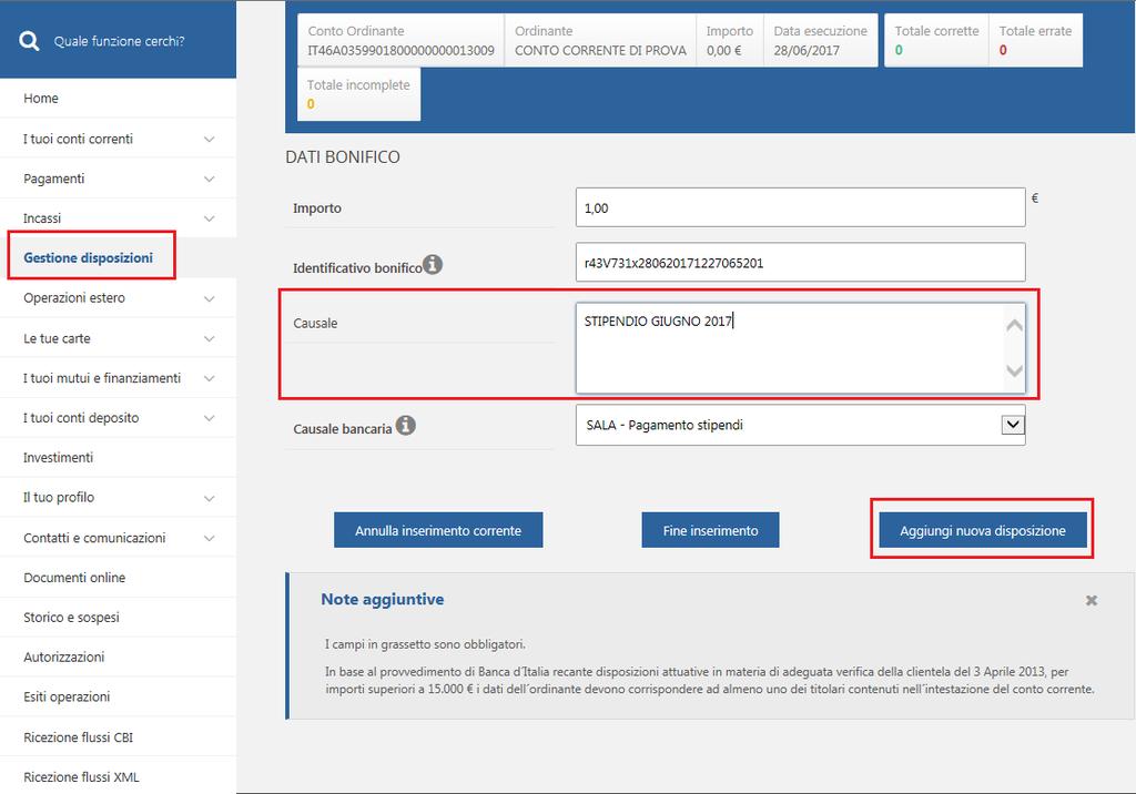 Gestione disposizioni - Stipendi BANCA