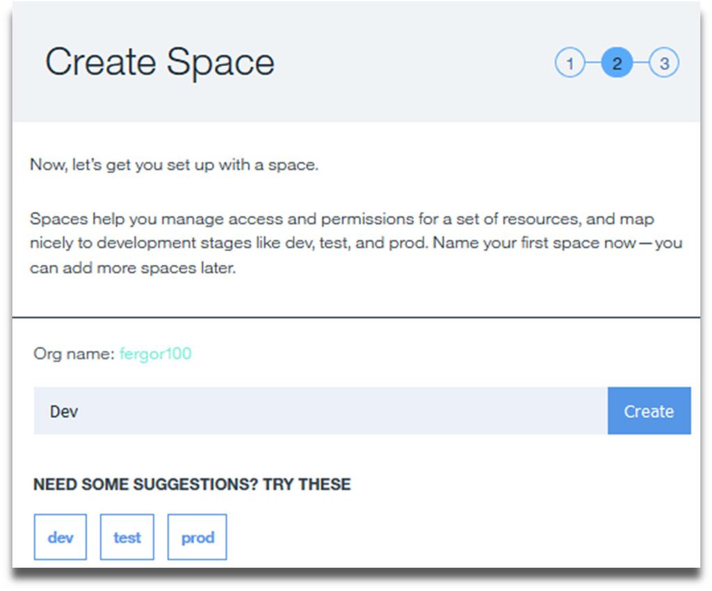 Clicchiamo su Create per creare la nostra prima Organization. 2) Ora bisogna creare uno Space.