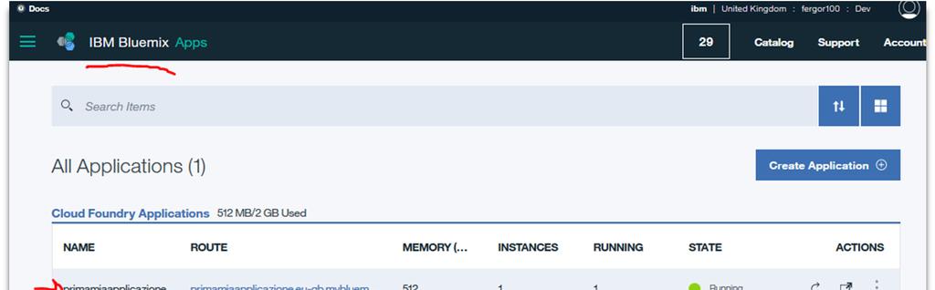 Per fare questo clicchiamo sull icona Bluemix in alto a sinistra e vedremo sia la nostra app che il servizio di Database che era stato