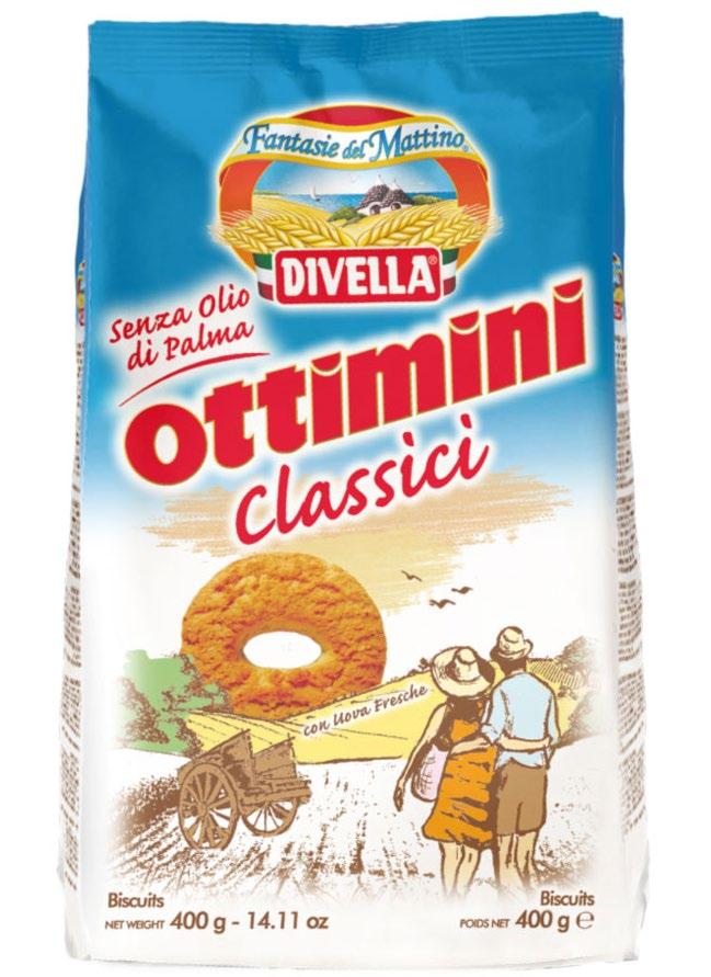 BISCOTTI OTTIMINI CLASSICI BISCOTTO FROLLINO: Farina di frumento 52%, zucchero, olio di semi di girasole 14%, uova fresche 10% amido di frumento, agenti lievitanti (carbonato acido di