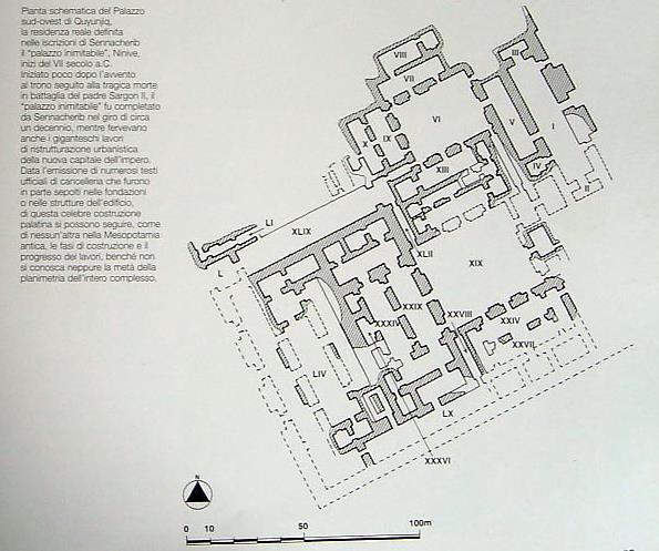 Il palazzo che Sennacherib appellò «il palazzo senza rivali» è identificato con il Palazzo sud-ovest riportato in luce da Layard e oggetto in tempi