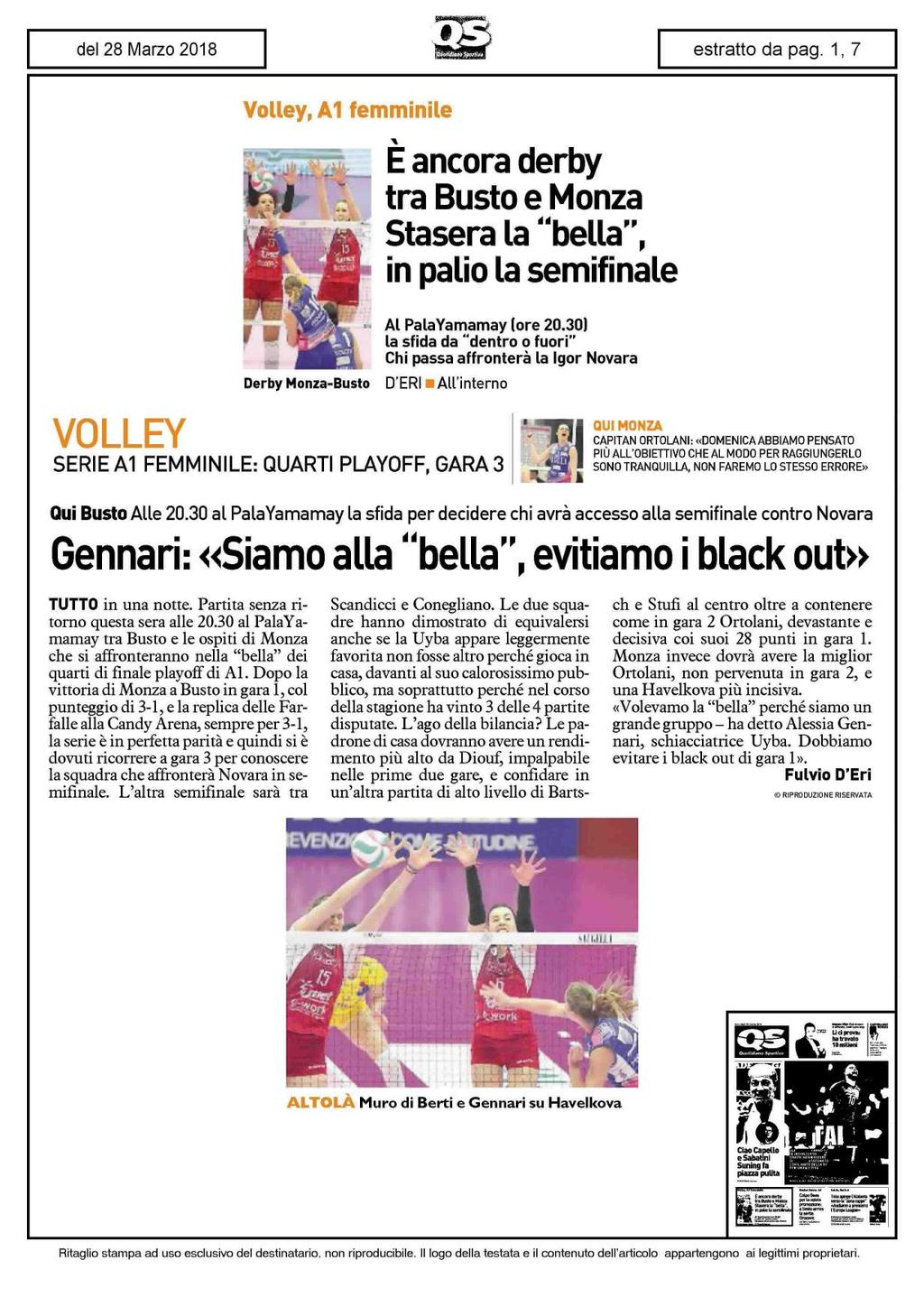 Volley, A1 femminile E ancora derby tra Busto e Monza Stasera la "bella", in palio la semifinale Derby Monza-Busto Al PalaYamamay (ore 20.