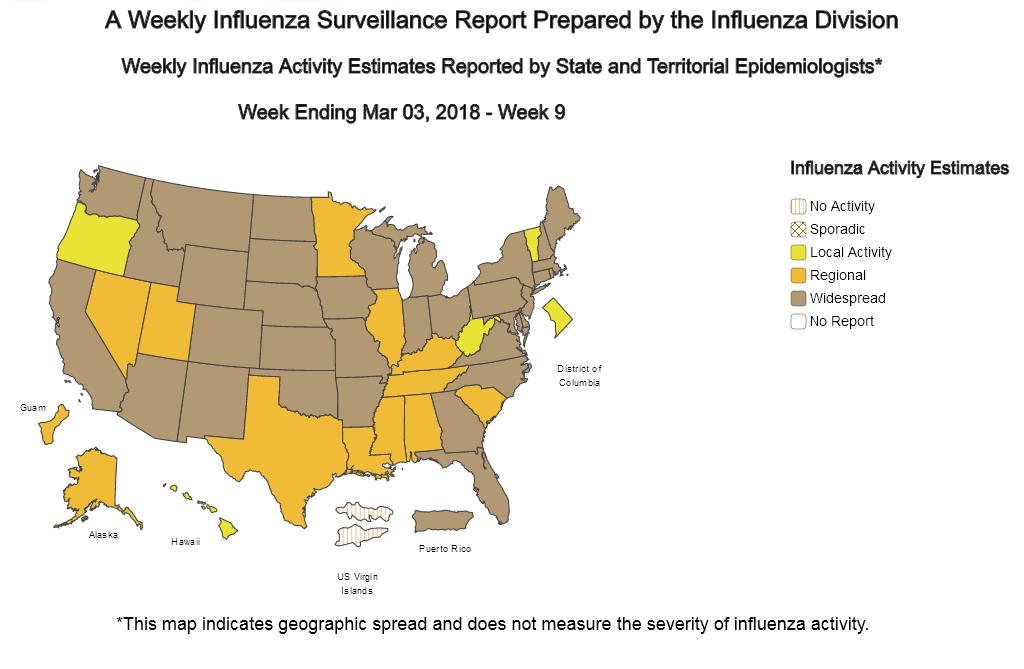 USA Durante la settimana 9/2018 la circolazione dei virus influenzali negli Stati Uniti è ulteriormente diminuita, come evidenziato nella mappa sottostante, aggiornata al 3 marzo 2018.