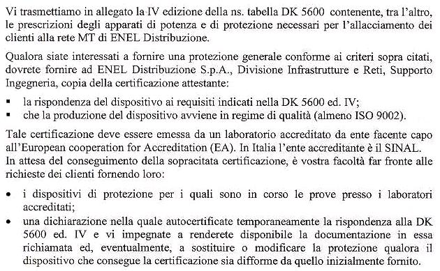 Certificazione protezione generale Comunicazione di ENEL ai costruttori di