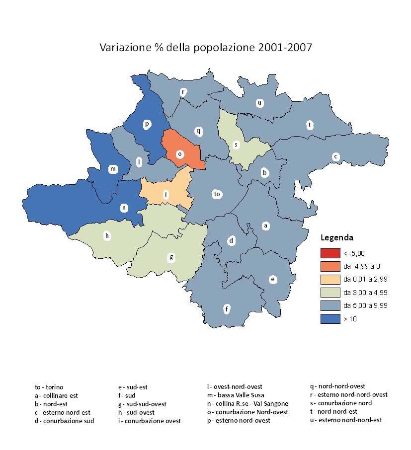 Fig. 6 Come si può osservare, nel periodo 1981 1991, le perdite di popolazione sono concentrate soprattutto nel capoluogo e in due settori (la Conurbazione sud; comune principale: Moncalieri e il