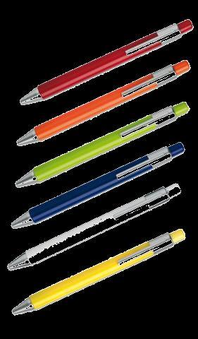 Penna a sfera geometrica in ABS, corpo bianco, finiture colorate, meccanismo a rotazione, refill blu Dimensioni: Ø 1,1 x 14,1 cm Prezzo a