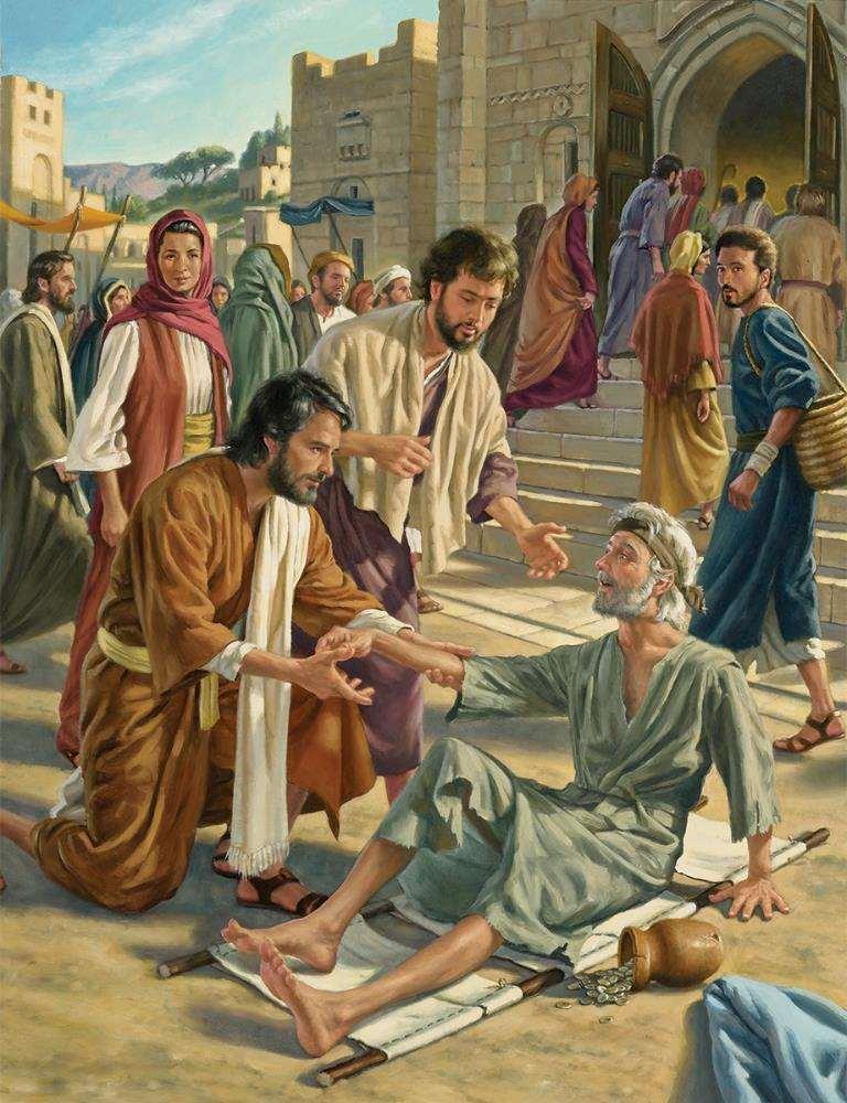 Mentre entravano, Pietro e Giovanni guarirono un mendicante zoppo. Insieme a lui, entrarono nel tempio.