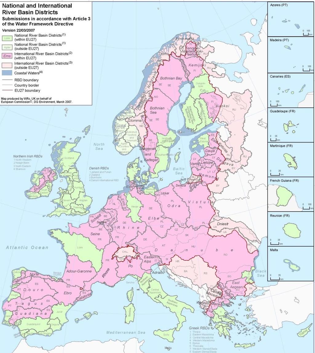 L Europa e i bacini idrografici L Unione europea (UE) e gli Stati membri hanno suddiviso i bacini idrografici e le relative zone costiere in 110 distretti fluviali, 40 dei quali sono internazionali