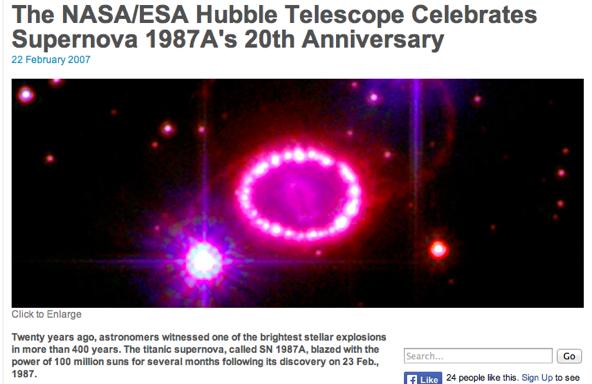 Vista con il Telescopio Hubble, sette anni dopo, SN1987A ha svilppato una