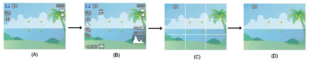 Commutazione del display Premendo il tasto SET/DISP si modifica la modalità di visualizzazione successiva del monitor LCD come mostrato di seguito: In modalità