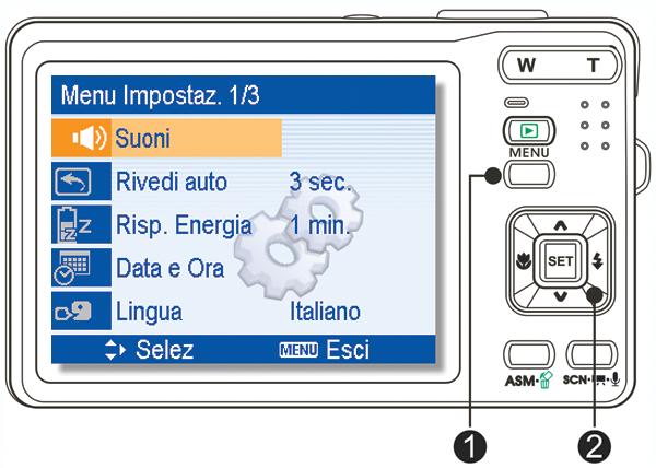 Menu Impostazione Accendere la fotocamera ed impostarla in modalità REC (Registrazione) o PLAY (Esecuzione) ( pagina 5).