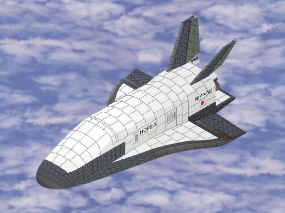 Lo spazioplano Hope-X [4] è un velivolo alato, dotato di due rudder verticali e lungo 13.4 metri.