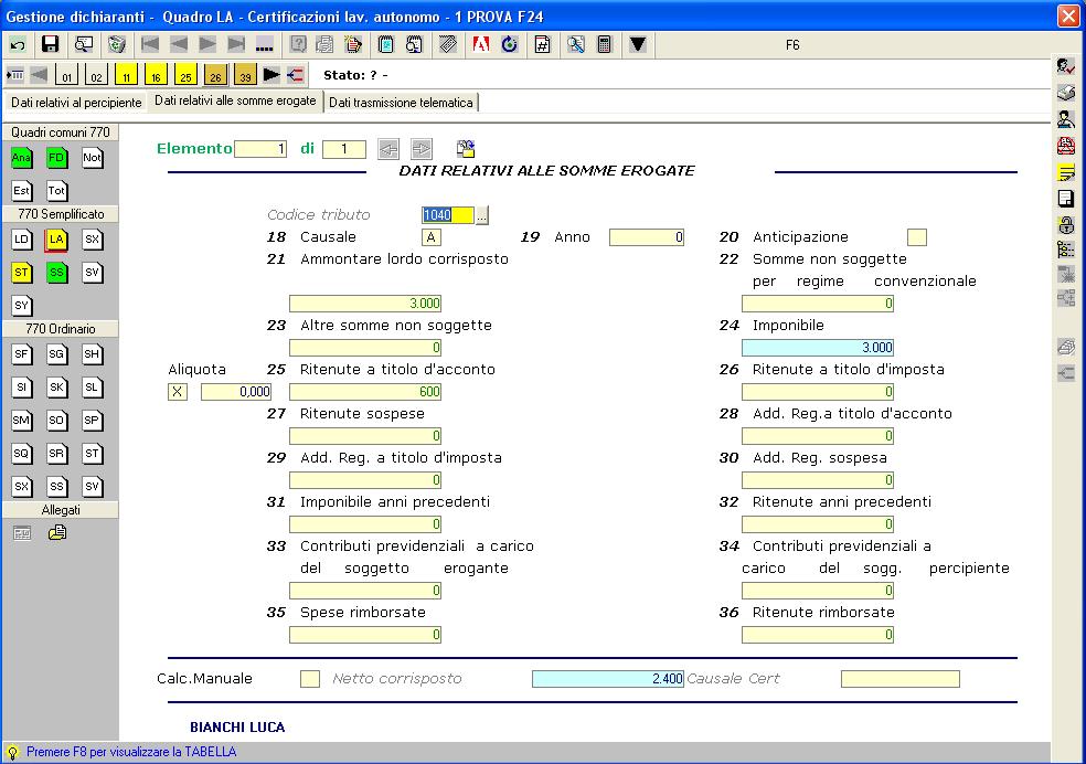 Bollettino 5.00.1I1-11 Esempio di Ripresa da Procedura Contabile: dati del quadro LA 2.