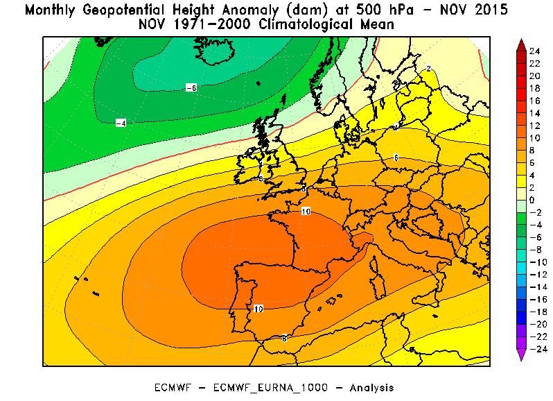 Considerazioni generali Il mese di Novembre 2015 è stato caratterizzato da un ampia anomalia barica positiva sull Europa occidentale (Figura 1), causata dall espansione di un area di alta pressione