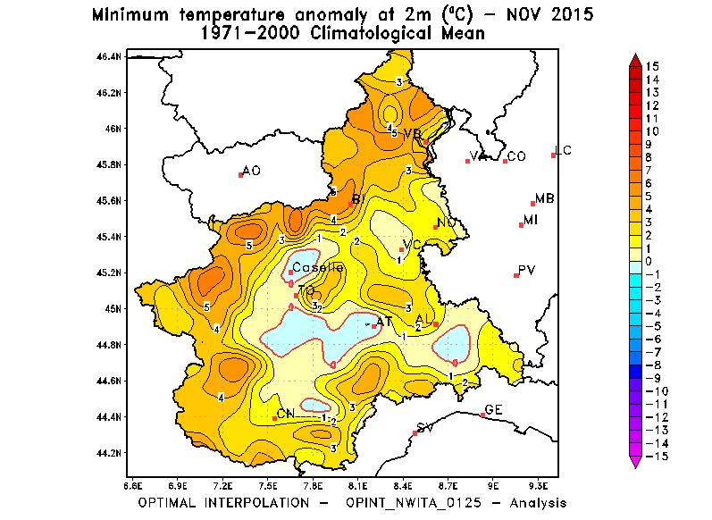 Figura 7 Anomalia della temperatura minima a 2 metri nel mese di Novembre 2015 rispetto alla climatologia del periodo 1971-2000.