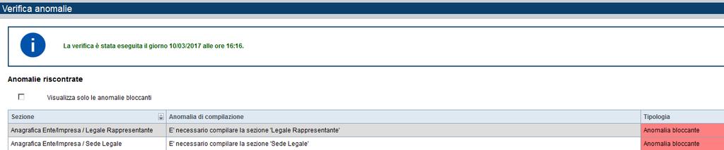 Nella videata VERIFICA ANOMALIE sono riportati gli
