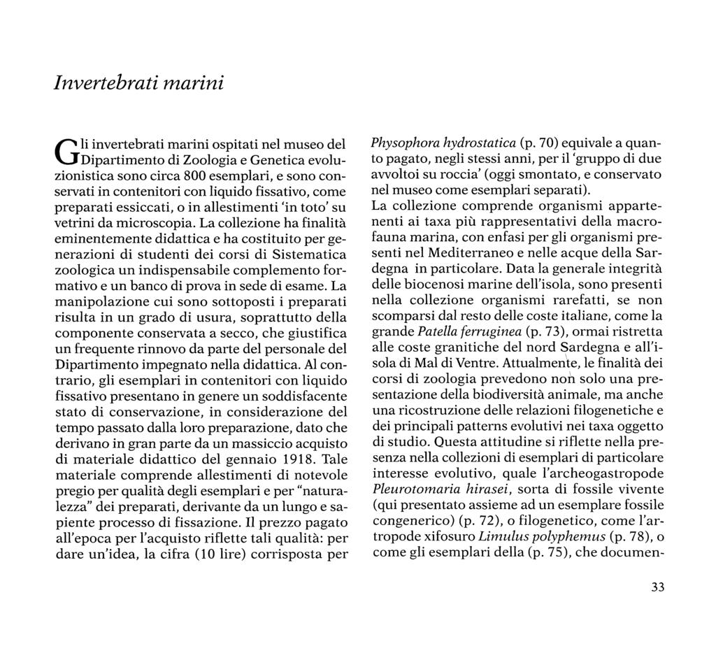 Invertebrati marini Gli invertebrati marini ospitati nel museo del Dipartimento di Zoologia e Genetica evoluzionistica sono circa 800 esemplari, e sono conservati in contenitori con liquido