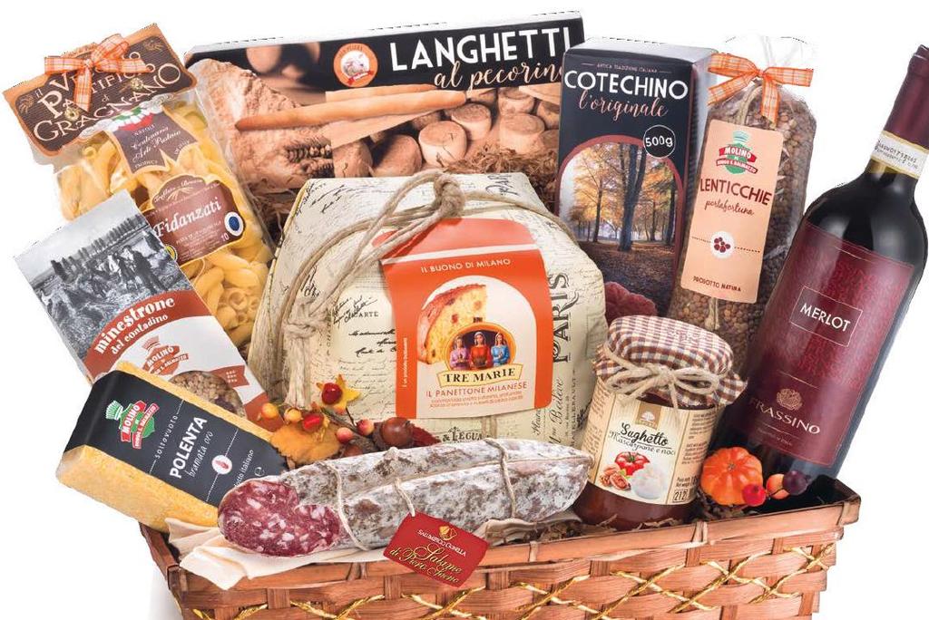 FATTORIA 1837 11 pezzi CESTO RETTANGOLARE IN BAMBÙ CON INTRECCIO ORO Dimensioni imballo: cm 44 x 34 x h 24 Panettone Classico Milanese, incartato a mano Tre Marie, g 750 Bottiglia Merlot Cantine