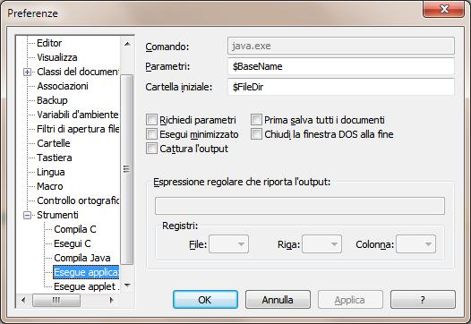 Assicurarsi che le finestre di configurazione dei comandi appaiano come segue: 3 Configurazione del sistema per l utilizzo delle classi fornite dal docente Per utilizzare le classi presenti nel file