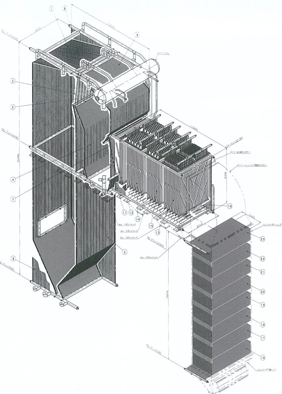 Relazione illustrativa - Descrizione del progetto EEK-BDB-VIA-002 0 31/154 Figura 9 - Vista della camera di combustione secondaria e della caldaia Seguendo il percorso dei gas di combustione