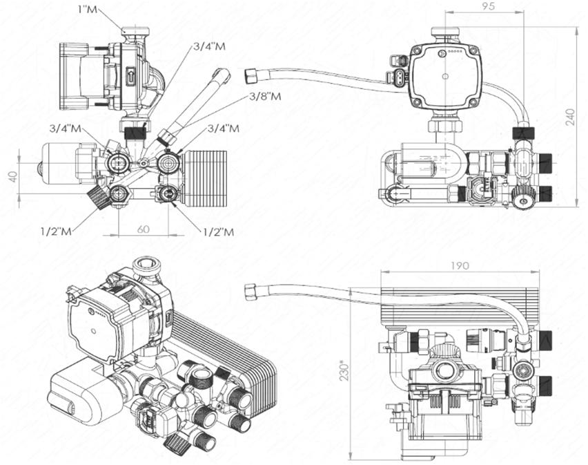 Gruppo ritorno 13. Scambiatore sanitario 1. High efficiency pump PWM 2. Pipe for expansion vessel 3. Safety vakve 3 bar (other pressures available upon request) 4. Flushing tap 5.