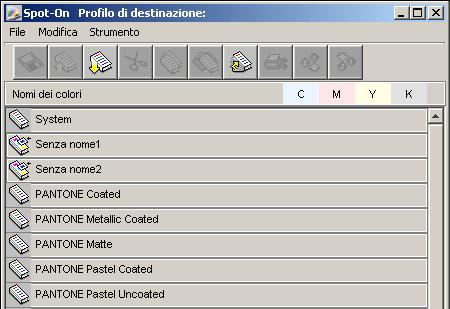 SPOT-ON E COLORI CON NOME 29 Finestra principale di Spot-On La finestra principale di Spot-On visualizza un elenco di gruppi di colori che rappresentano le librerie delle tinte piatte su Fiery EXP50.