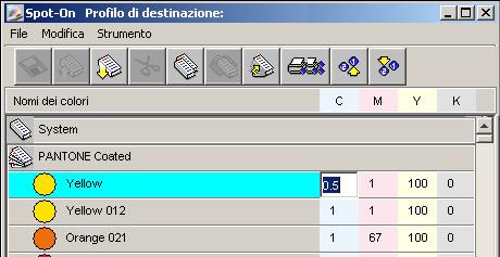 Modifica dei valori cromatici Se una tinta piatta già esistente non viene stampata come previsto, è possibile modificare i valori cromatici in base alle proprie necessità, in modo da ottenere i