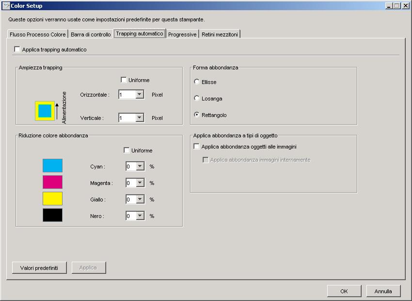 FUNZIONI DI COLOR SETUP 65 Area Trapping automatico È possibile accedere all area Trapping automatico facendo clic sulla scheda Trapping automatico nella finestra di dialogo di Color Setup di