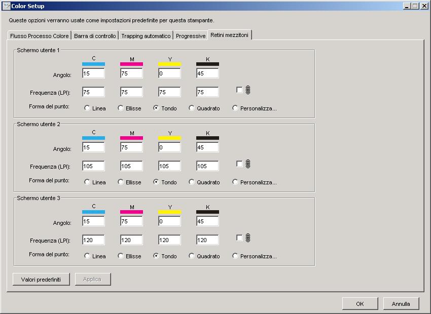 FUNZIONI DI COLOR SETUP 74 Area Retini mezzitoni È possibile definire tre retini mezzitoni personalizzati nell area Retini mezzitoni.