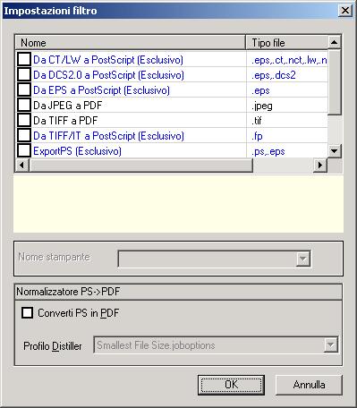 FILTRI DI HOT FOLDERS 89 Nome filtro Tipo di filtro Descrizione Vedere Da TIFF a PDF Non esclusivo Converte i file TIFF in file PDF e fornisce delle opzioni per ridimensionare e posizionare l output.