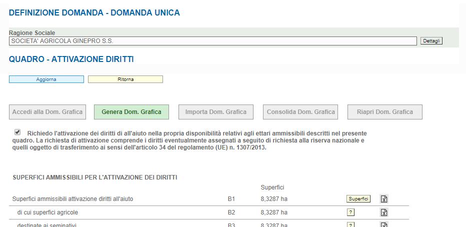 ATTIVAZIONE DIRITTI Questo quadro costituisce il nucleo vero e proprio della domanda. Per prima cosa occorre cliccare sul tasto Genera Dom. Grafica.