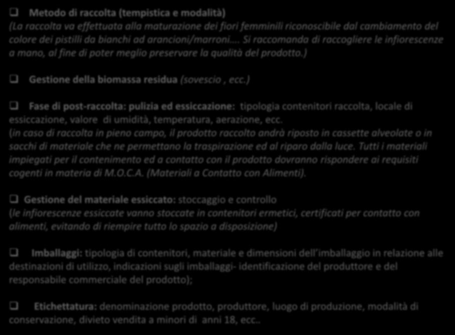 Raccolta e gestione del prodotto Metodo di raccolta (tempistica e modalità) (La raccolta va effettuata alla maturazione dei fiori femminili riconoscibile dal cambiamento del colore dei pistilli da