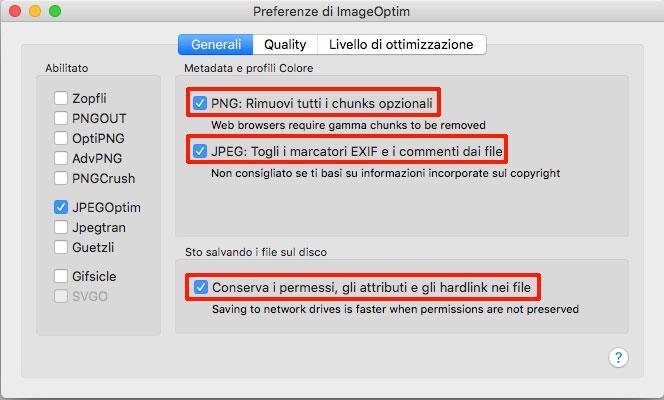 Accertati che tutte le spunte di fianco alle voci PNG: Rimuovi tutti i chunks opzionali, JPEG: Togli i marcatori EXIF e i