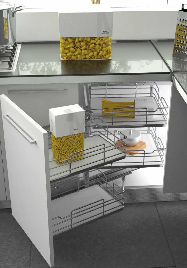 Pull-out mechanism for corner cabinet, with soft opening-closing and 4 solid base baskets.