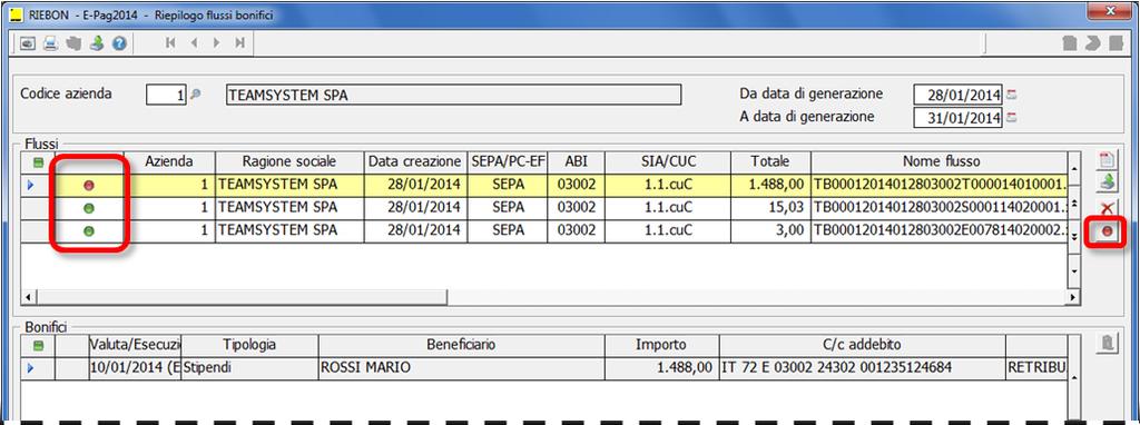 RIEBON Riepilogo flussi bonifici Nel riepilogo dei flussi generati (RIEBON) sono stati inseriti i campi utili ad evidenziare il tracciato telematico relativo a ciascun flusso presente.