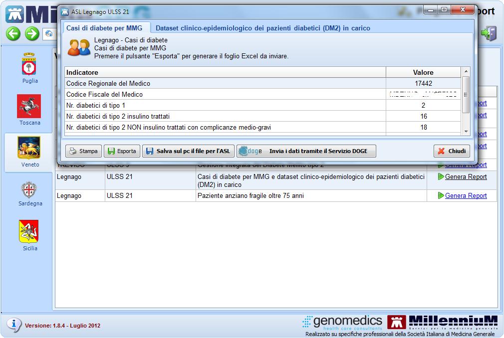 Elettronico. MilleGPG permette di inviare alla ULSS21 di Legnago i "Casi di diabete per MMG e dataset clinico-epidemiologico dei pazienti diabetici (DM2) in carico" tramite il servizio DOGE.