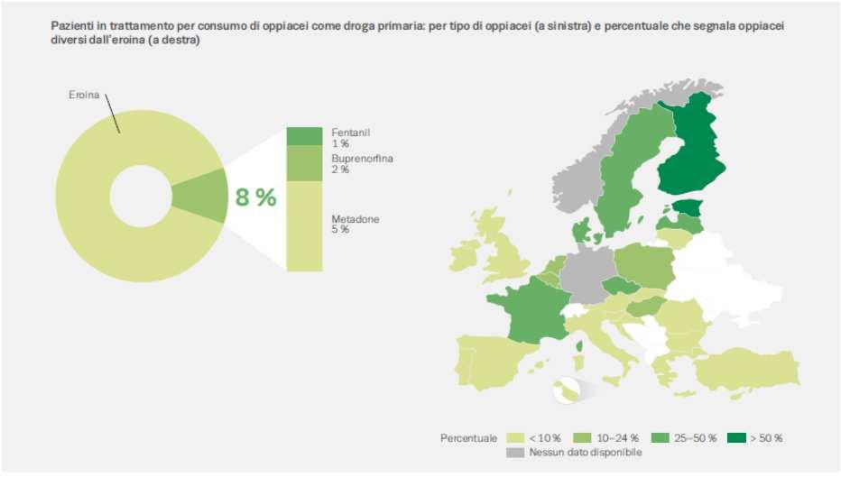 I consumatori di oppiacei (soprattutto di eroina) come droga primaria rappresentano il 41% di tutti i consumatori di stupefacenti che nel 2013 si sono sottoposti a trattamento specialistico della