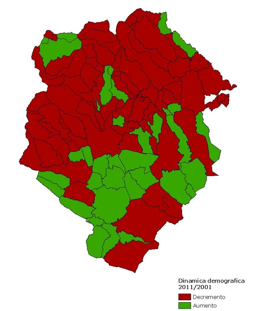 Distribuzione dei comuni con incremento e decremento demografico tra il 2001 e il 2011 Var.