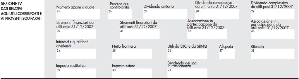 nella sezione IV: sono presenti campi differenziati connessi all annualità di formazione degli utili / proventi (ante e post 2007) la cui distribuzione è stata effettuata nel 2012.