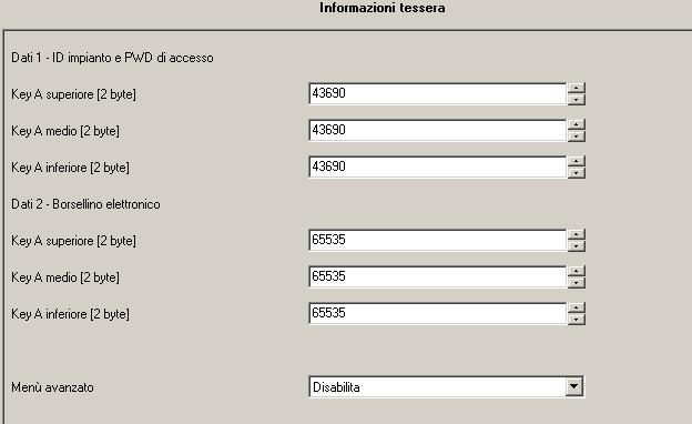 Parametri ETS di riferimento Configurazione dati tessera e software Informazioni tessera Servono a diversificare dispositivi di impianti differenti in interfacciamento con software monetici.