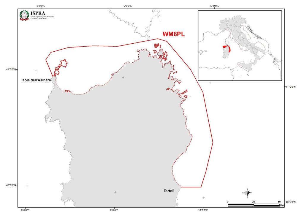 Area WM8PL (da Isola dell Asinara a Tortolì) L area è compresa tra la linea di costa (tra l Isola dell Asinara e Tortolì) e il